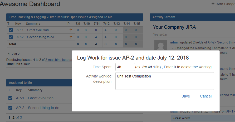 Set, Edit, or Delete Work log directly from links provided on the gadget